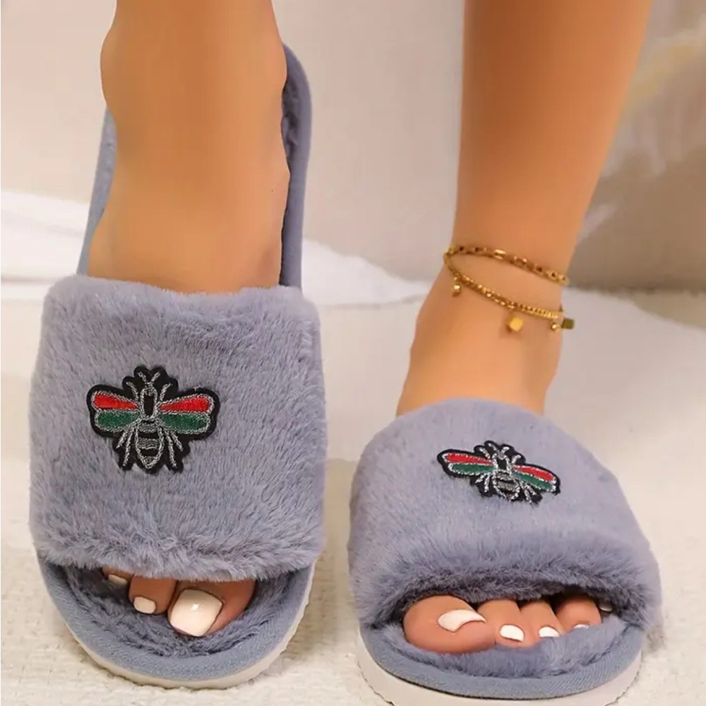 Cozy Fuzzy Slippers with Embroidered Bee Multiple Colors! Black, Grey, Purple